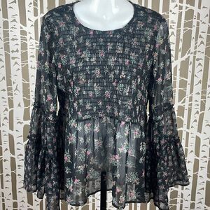 Sheer Dark Floral Print Boho Smocked Top Bell Sleeve Blouse sz M